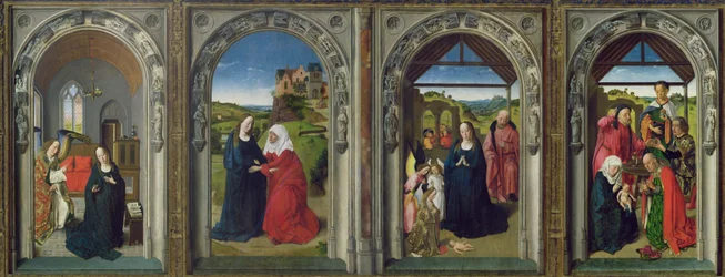 Tríptico que muestra la Anunciación, la Visitación, la Adoración de los Ángeles y la Adoración de los Magos, c.1445